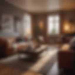 A cozy apartment living room with warm lighting and tasteful decor