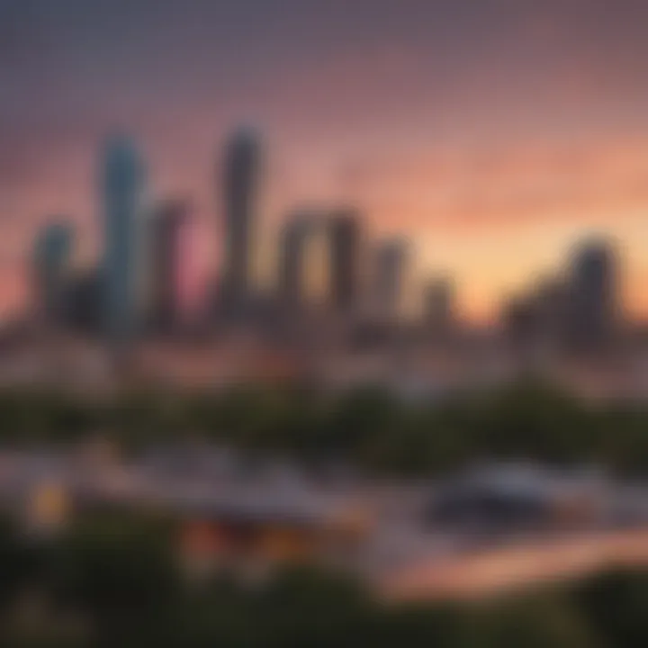 Scenic view of a Dallas skyline during sunset with accommodations in the foreground