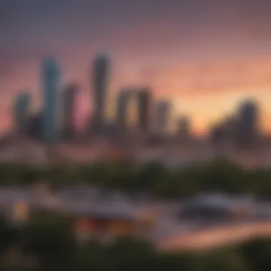 Dallas Skyline at Sunset Scenic view of a Dallas skyline during sunset with accommodations in the foreground