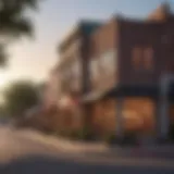 A vibrant street view of a trendy Dallas neighborhood showcasing local boutiques and cafes