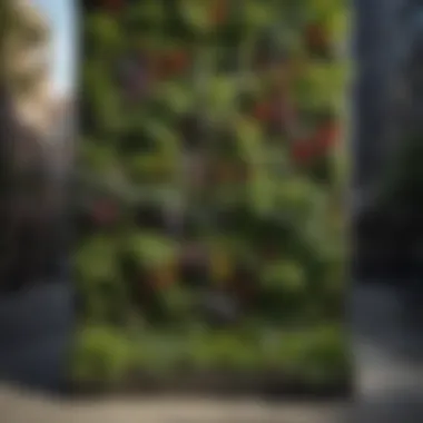 Vertical gardening setup with lush foliage against a city backdrop