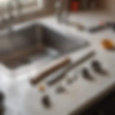 Tools for plumbing maintenance laid out on a countertop