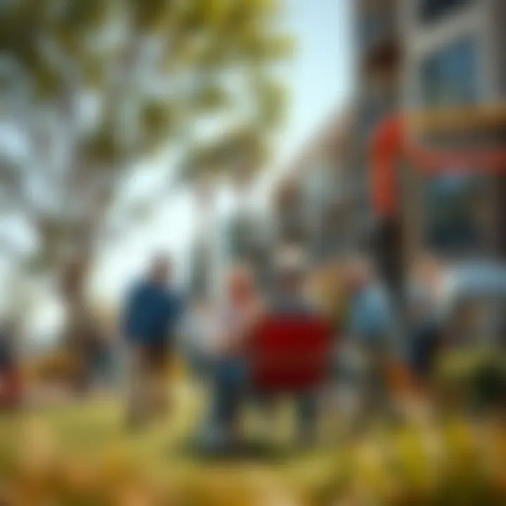 Vibrant community area with residents engaging in recreational activities
