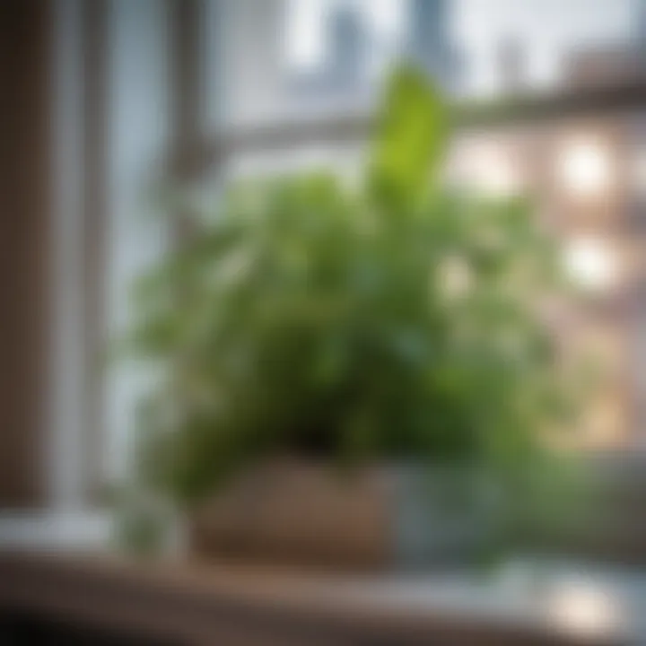 Close-up of a plant light fixture illuminating herbs on a windowsill