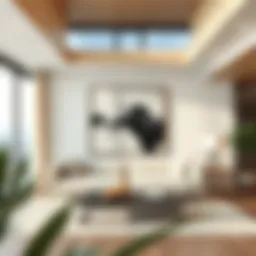 A spacious living room featuring a large abstract painting above a modern sofa