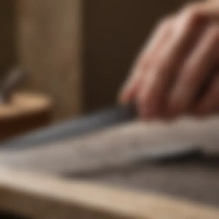 Close-up view of a knife blade being sharpened on a whetstone, highlighting the angle and technique