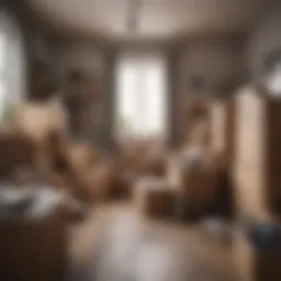 A cluttered room filled with boxes and belongings ready for relocation.