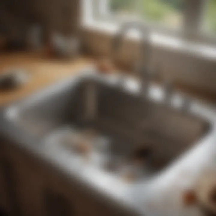 Clogged kitchen sink showcasing debris buildup