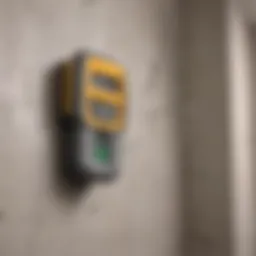 Close-up of a stud finder in action against drywall