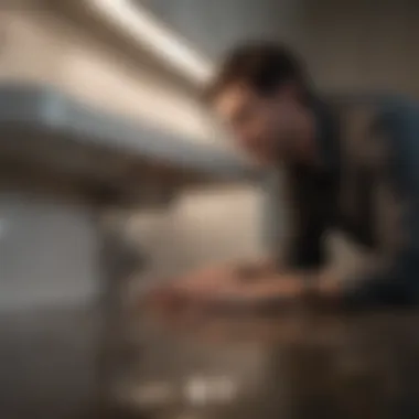 Person examining a sink with a flashlight