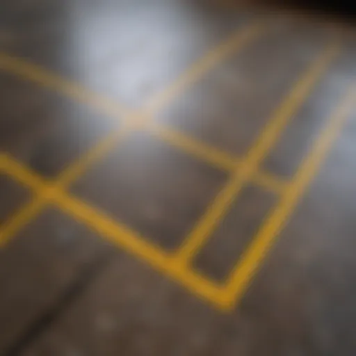 A measuring tape extended across a floor with markings showing square footage.