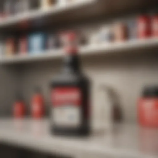 Close-up of Drano bottle on a bathroom shelf