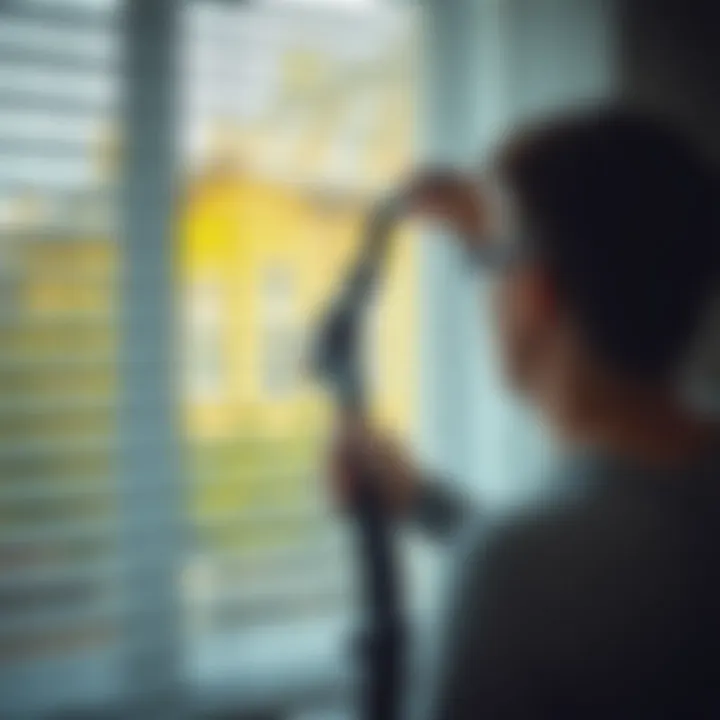 Effective Vacuuming Technique for Blinds A person using a vacuum cleaner attachment on blinds